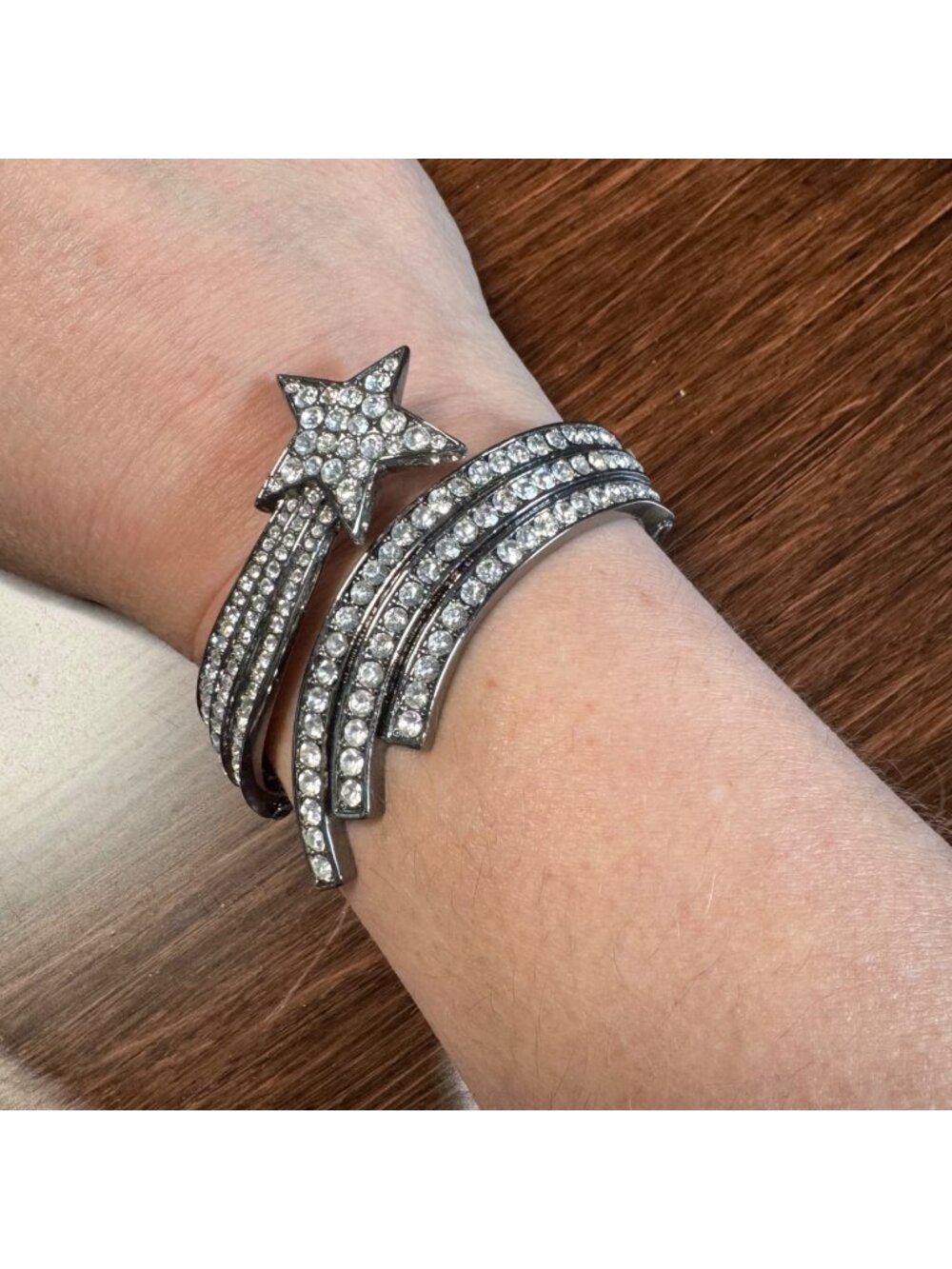 Shooting Star Rhinestone Hinged Cuff Bracelet Black-Tone Metal Sparkling Crystal